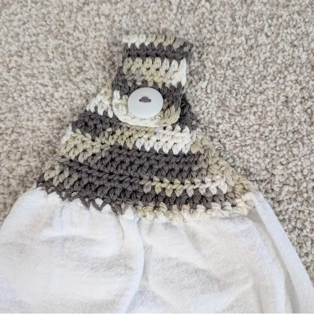 Crocheted Hanging Kitchen‎ Towel with Button Closure - Brown and White